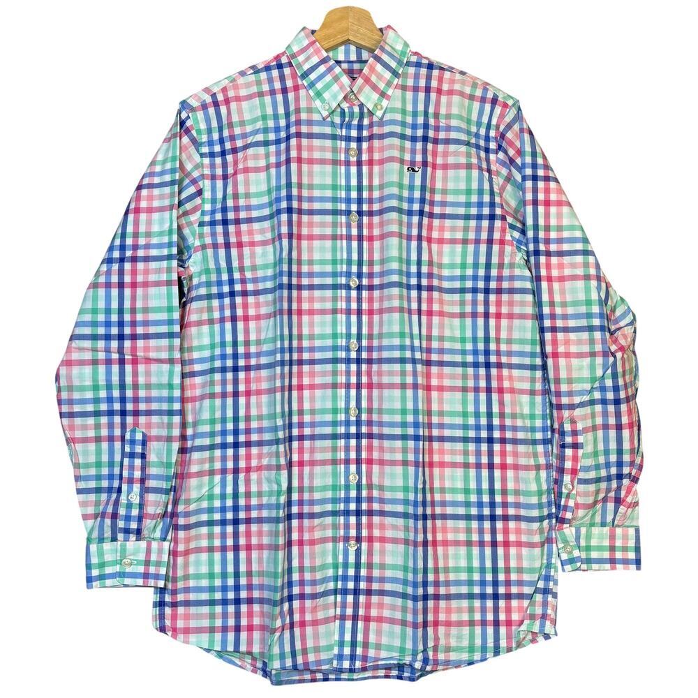 Vineyard Vines Boys Whale Button Down Shirt XL 20 Plaid Long Sleeve Preppy Pink